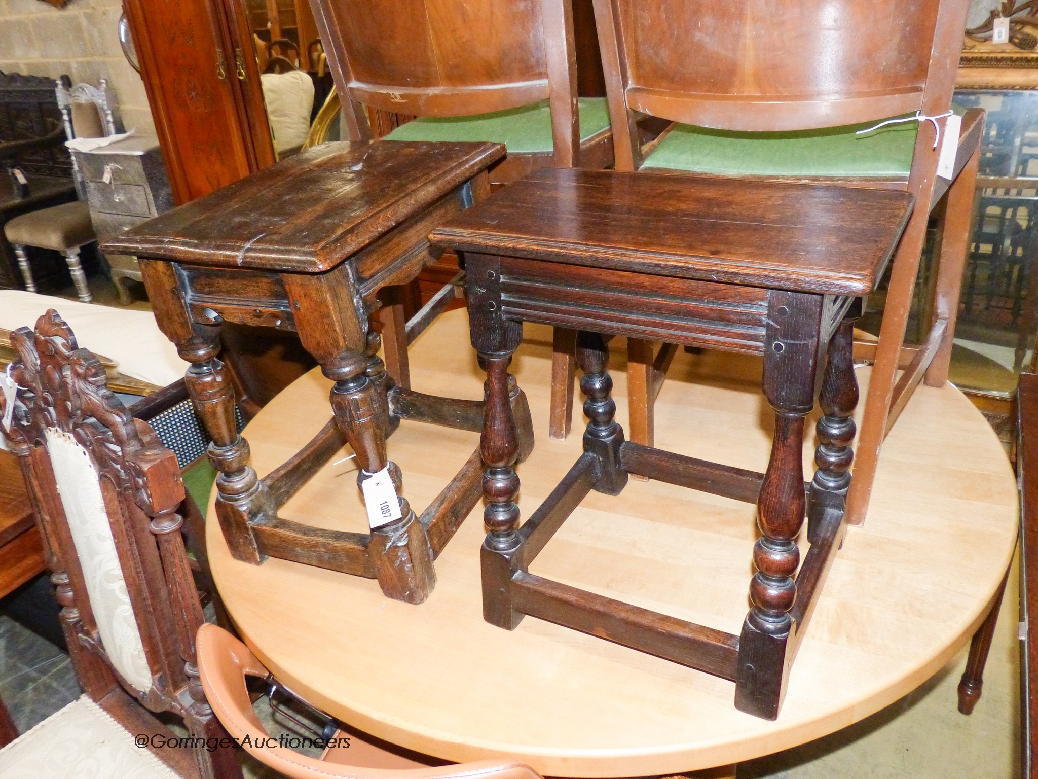 Two 17th century style oak joint stools, larger width 42cm, depth 30cm, height 47cm